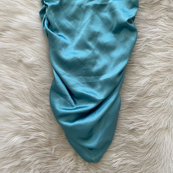 PrettyLittleThing Teal Light Blue Satin Sleeveless Corset Ruched Bodycon Dress - Picture 9 of 12
